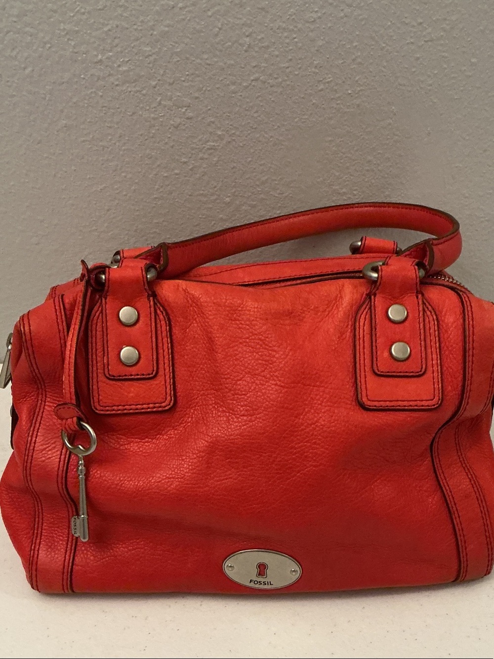 Vintage Fossil “Marlow” Orange-Red Leather Satchel